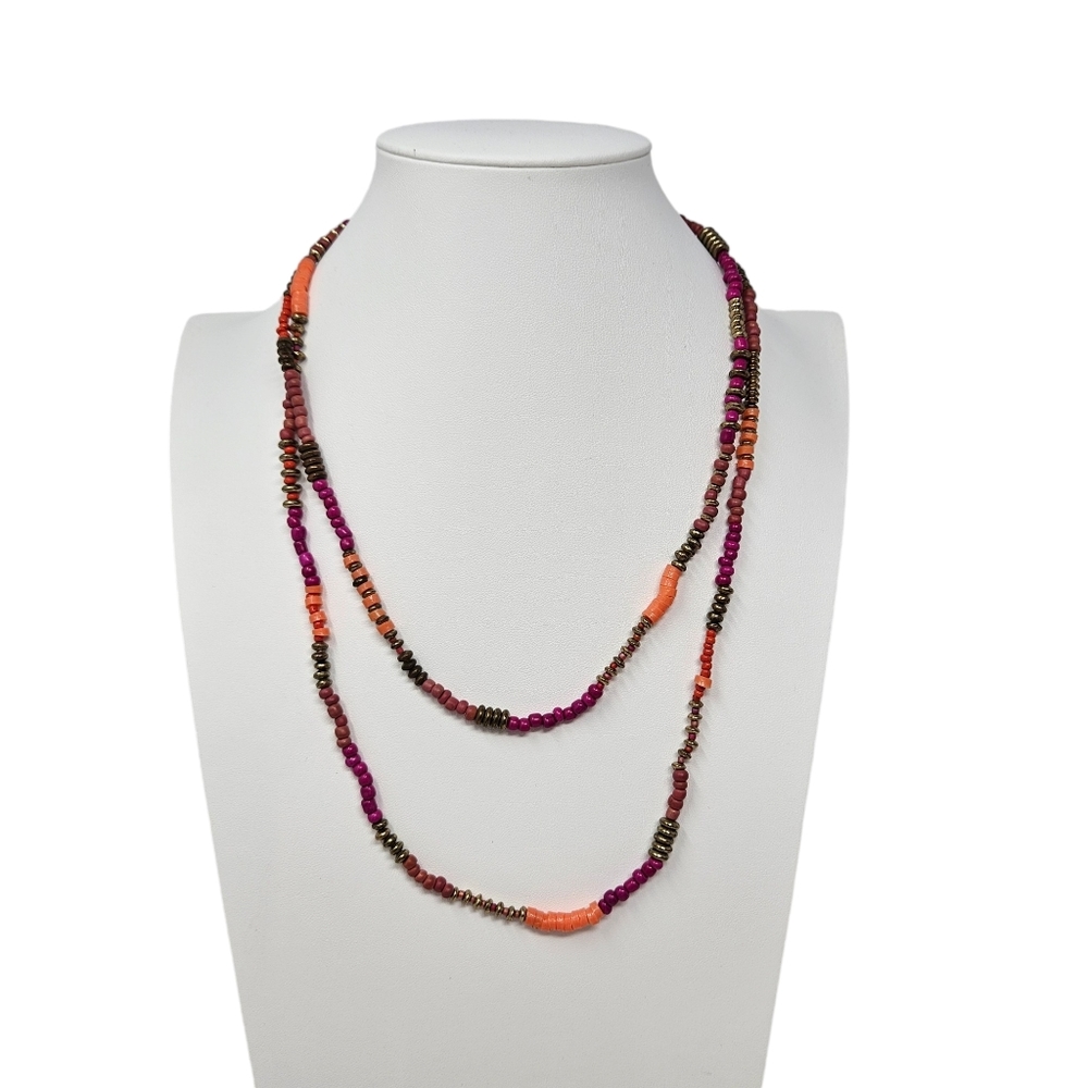 Chico's Beaded Necklace Long Orange Pink Gold Tone Bohemian